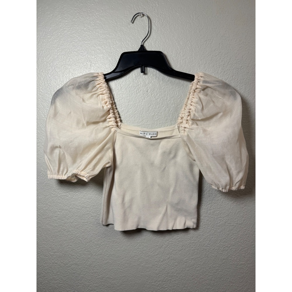 Miou Muse Cream Knit Puff Sleeve Crop Top Square Neck Ivory Organza Medium